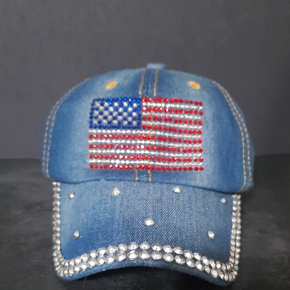 NWOT Denim Rhinestone American Flag Baseball Cap - Blue - Picture 6 of 6
